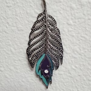 Boho Feather Pendant Necklace Silver Tone Turquoise Festival Statement Jewelry